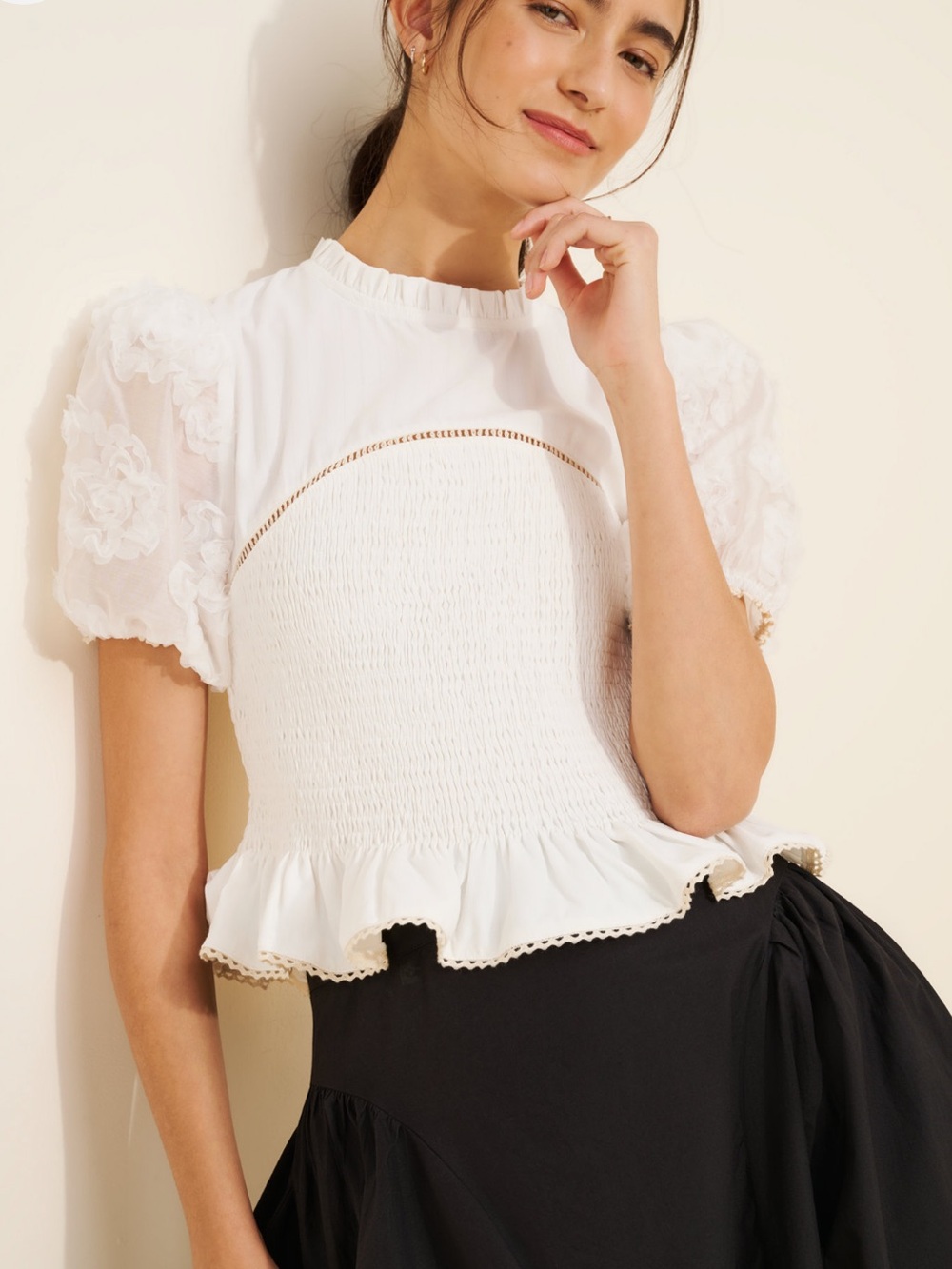 Smocked puff sleeve ruffle top